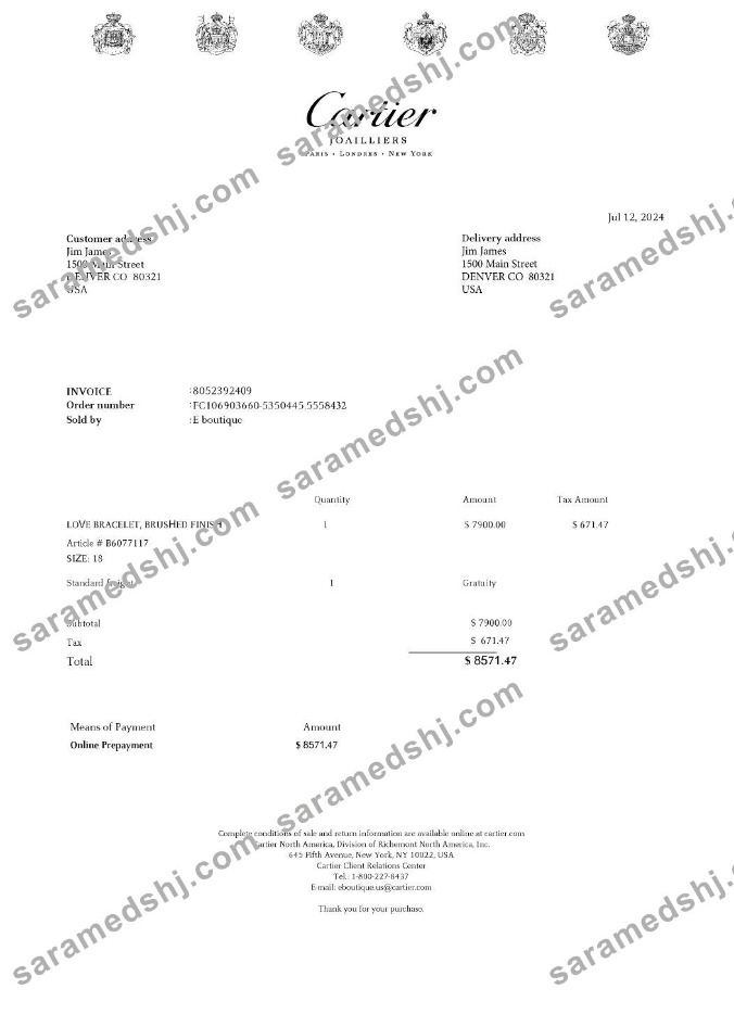 Cartier payment receipt